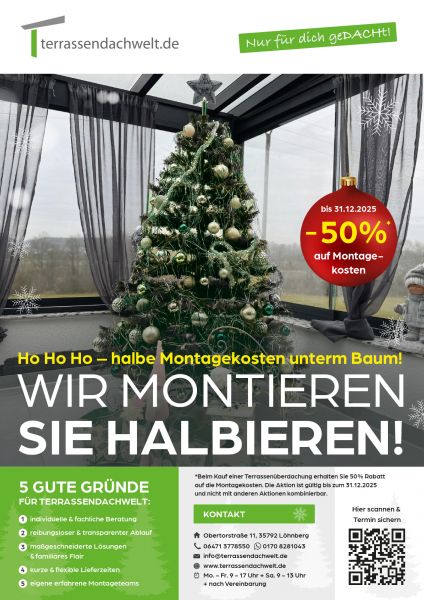 Aktion in Dezember halbe Montagekosten beim Kauf einer Terrassenüberdachung